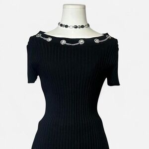 Y2K Belldini Womens Ribbed Knit Short Sleeve Top Silver Chain Grommets XL Goth